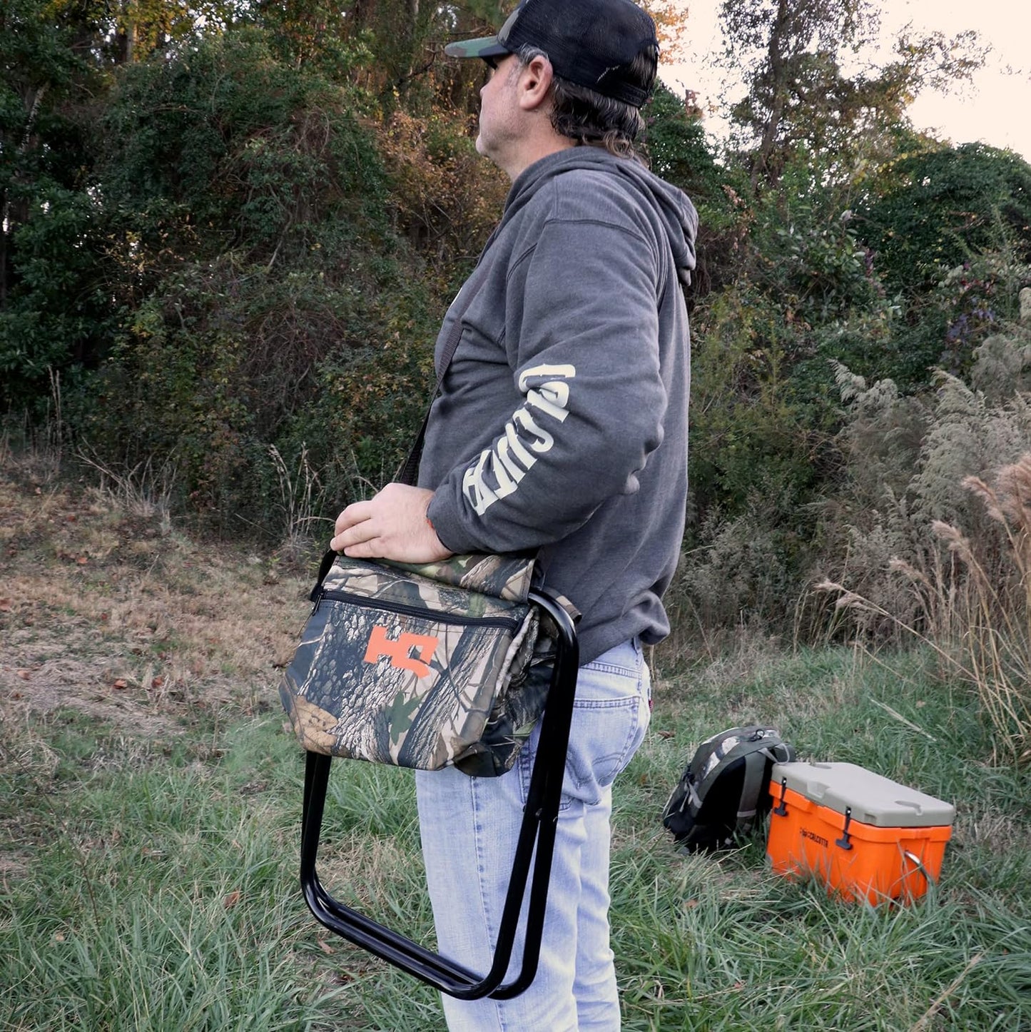 HQ Outfitters Folding Camo Stool with Heavy Duty Nylon Fabric Storage Pocket - 19mm Frame.