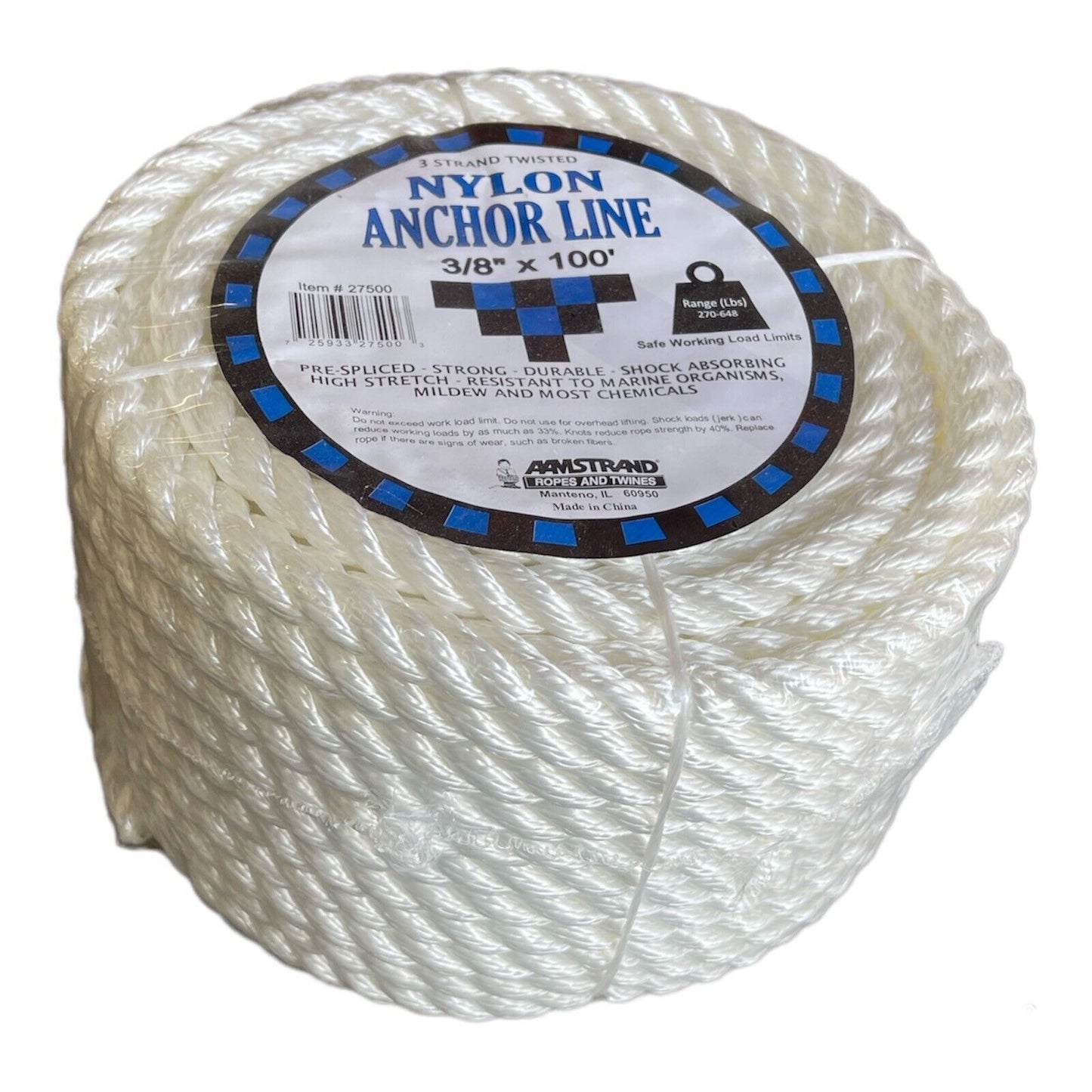 3/8"x200' Twisted Anchor Line White Three 3 Strand