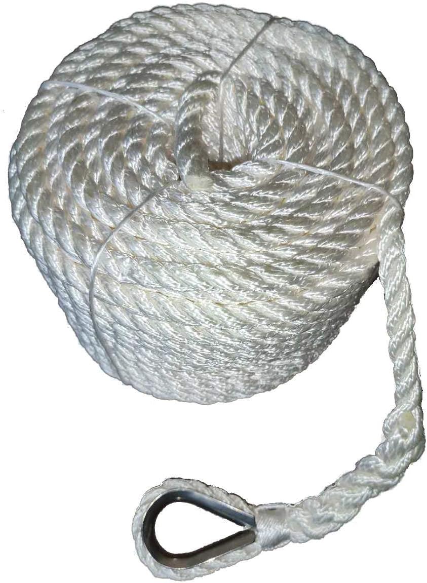 AAMSTRAND Marine 3-Strand Twisted White Nylon Anchor Line 5/8"x300' with 316 Stainless Steel Thimble.