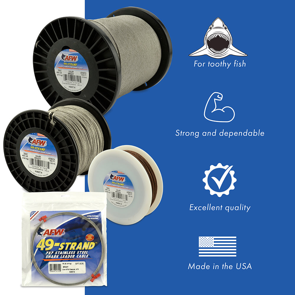 AFW 49 Strand, 7x7 Stainless Steel Shark Leader Cable Camo 30' American Fishing Wire