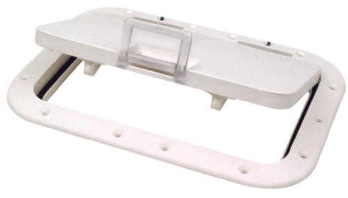 SeaChoice 39131 Polypropylene 7" x 11" ID Hatch with Molded in 100 Degree Stainless Steel Hinge - White.