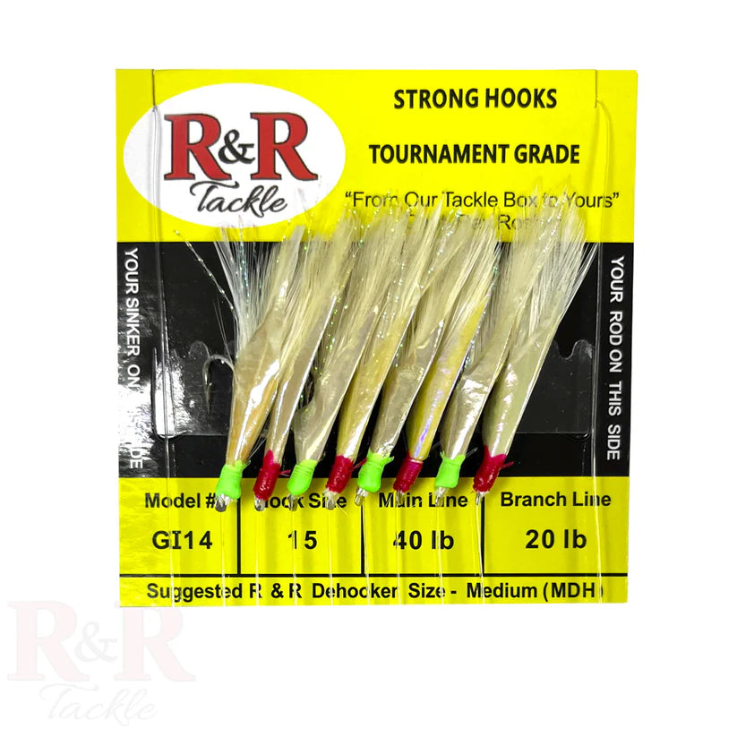 R&R GI14 Sabiki Bait Rig - 8 (size 15) hooks with white feather & Red/Grn beads & fish skin Goggle Eye