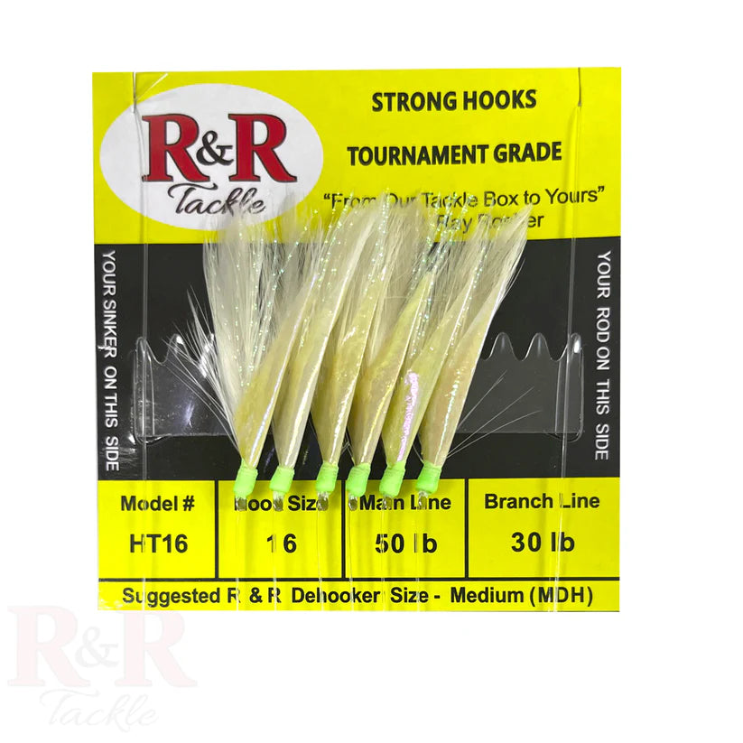 R&R HT16 Sabiki Bait Rig - 6 (size 16) hooks with white feather & fish skin