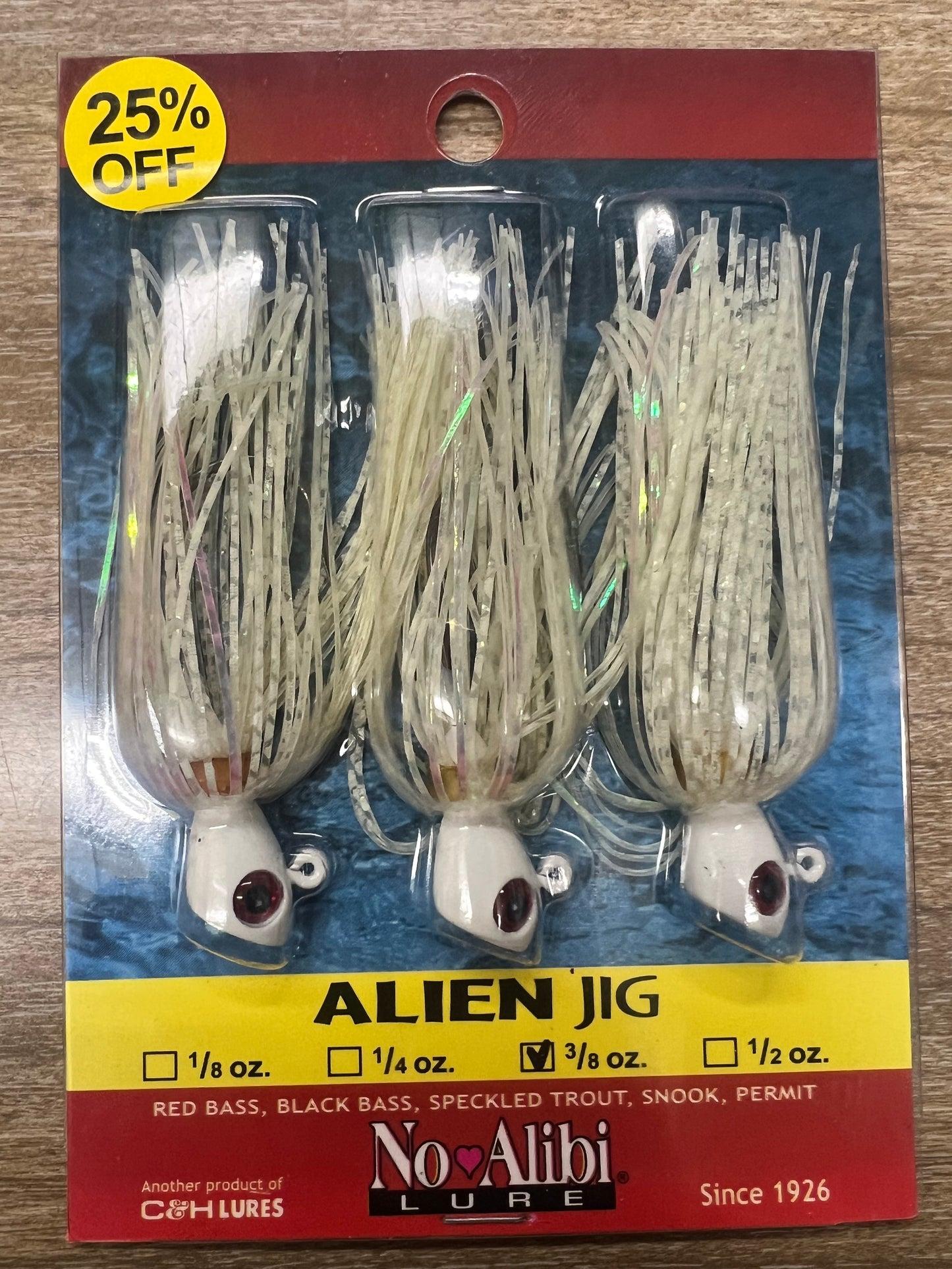 No Alibi, Alien Jig Inshore Series, Fluorescent White Skirt, 3/8 oz / 10.6 g Clear Head, 5/0 Hook, 3 pc