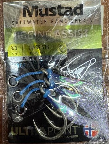 Mustad J-ASSIST5-3/0-3 Ocean Camo Assist Rig, Blue w/ Flash & Ring
