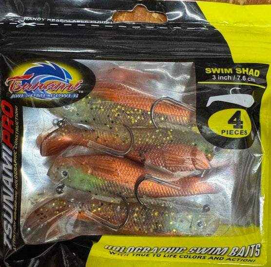 Tsunami Holographic Swim Shad 3"/7.6cm 3/8oz 4Pack Standard Hook Resealable Bag
