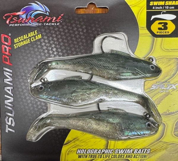 Tsunami Holographic Swim Shad 4"/10cm 1oz 3Pack SALTX Hook Heavy Duty Resealable Storage Clam