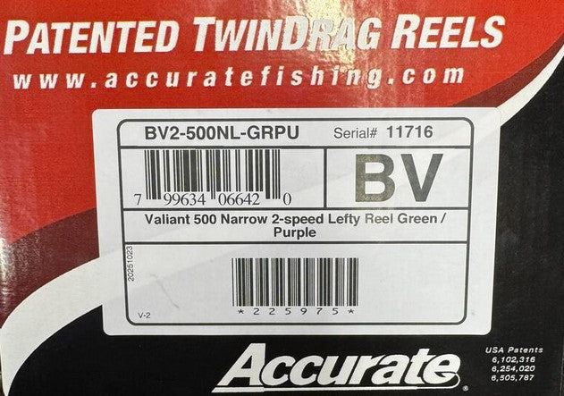 Accurate Valiant 500 Narrow 2-Speed BV2-500NL Lefty Green Purple Reel