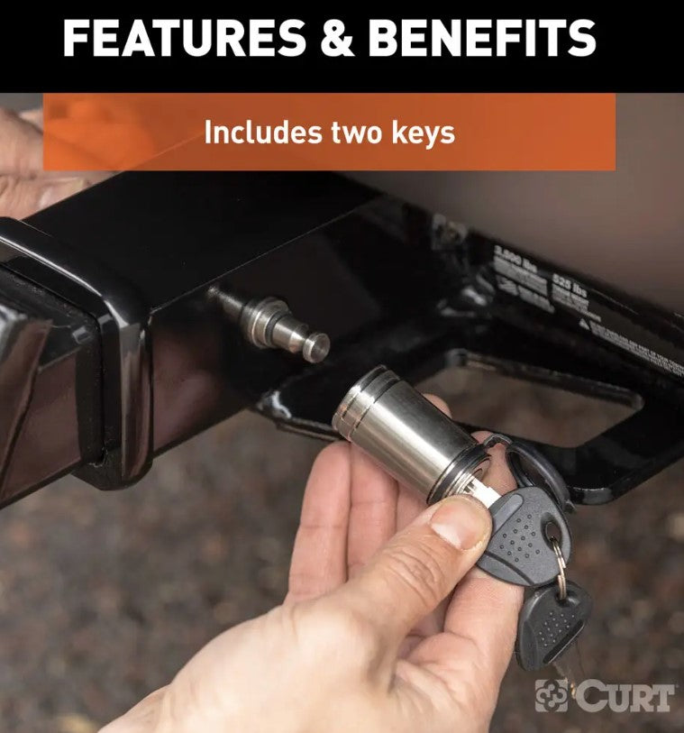 CURT 1/2" Hitch Lock with 5/8" Adapter (1-1/4" or 2" Receiver, Barbell, Stainless) #23517