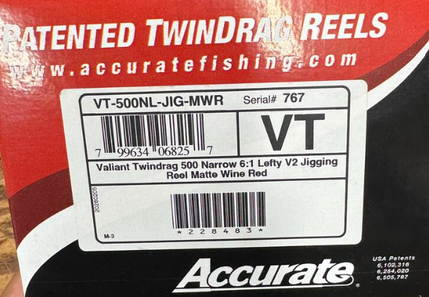 Accurate Valiant 2 500 Narrow Lefty VT Matte Wine Red Jigging Conventional Reel