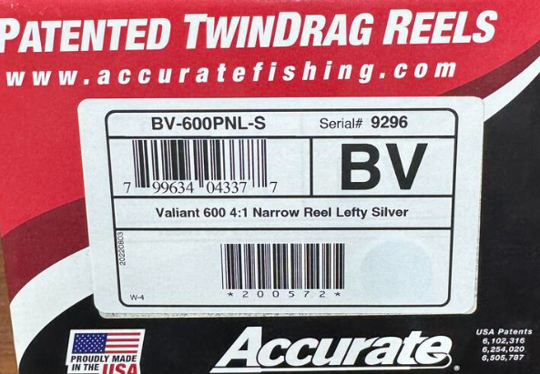 Accurate Boss Valiant BV 600 4:1 Power Narrow Lefty Silver Conventional Reel