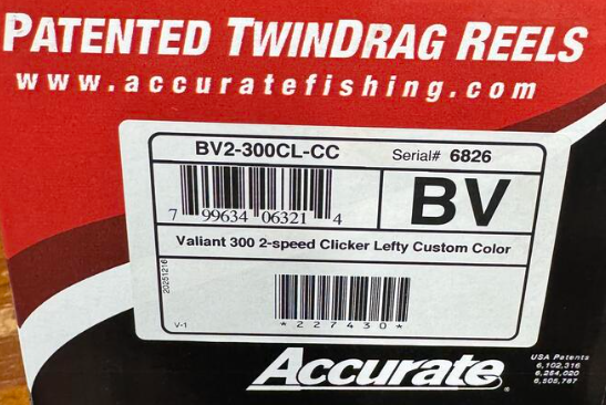 Accurate Valiant 300 2-Speed Clicker Lefty Custom Gold Blue Black Splatter Conventional Reel