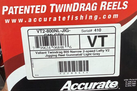 Accurate VT2-800NL-JIG-GMLGRY Valiant Twindrag 800 Narrow 2-Speed Lefty V2 Jigging Reel Gunmetal/Light Gray