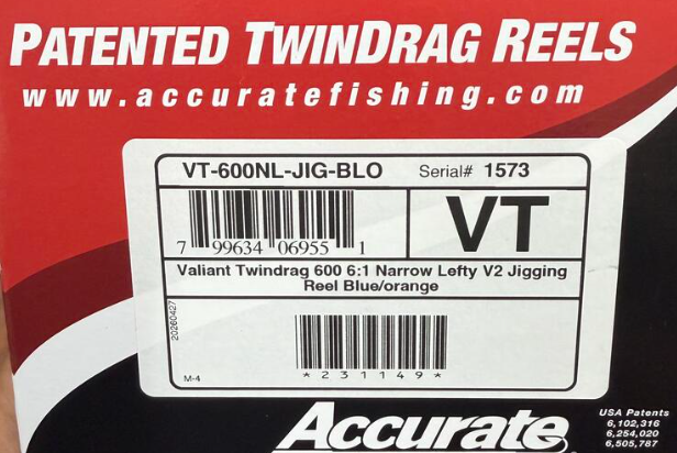 Accurate VT-600NL-JIG-BLO Valiant Twindrag 600 Narrow Lefty V2 Jigging Reel Blue/Orange