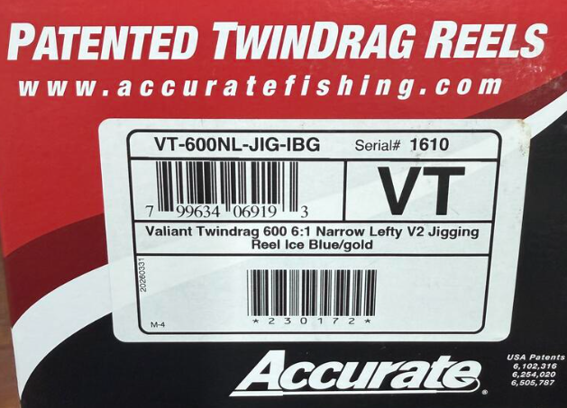 Accurate VT-600NL-JIG-IBG Valiant Twindrag 600 Narrow Lefty V2 Jigging Reel Ice Blue/Gold SPJ Handle