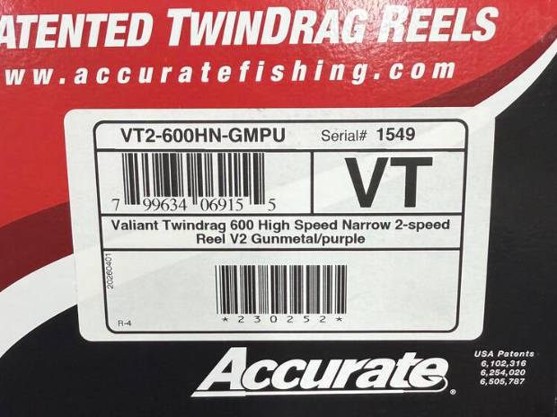 Accurate VT2-600HN-GMPU Valiant Twindrag 600 High Speed Narrow 2-Speed Reel V2 Gunmetal/Purple Next-Gen Round Knob