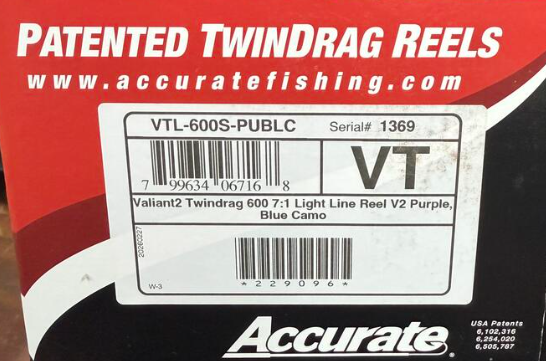Accurate VTL-600S-PUBLC Valiant 2 Twindrag 600 Light Line Conventional Reel Purple/Blue Camo Right Hand