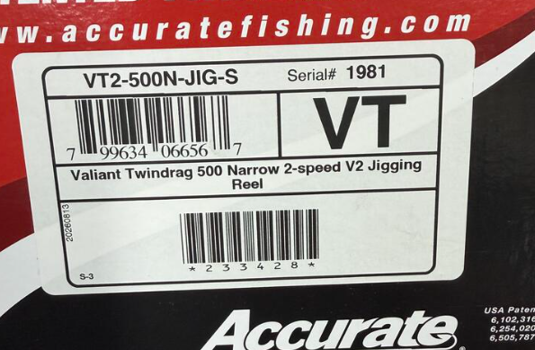 Accurate VT2-500N-JIG-S Valiant 2 500 Narrow 2-Speed American Flag Lasered V2 Jigging Conventional Reel Right Hand