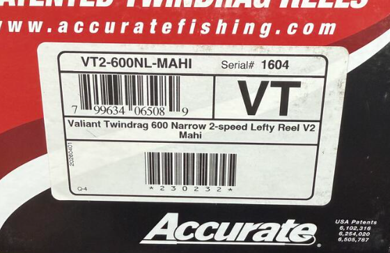 Accurate VT2-600NL-MAHI Valiant Twindrag 600 Narrow 2-Speed Conventional Reel Mahi Left Hand