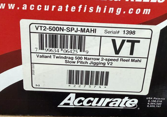 Accurate VT2-500N-SPJ-MAHI Valiant 2 500 Narrow 2-Speed Conventional Reel Mahi Right Hand