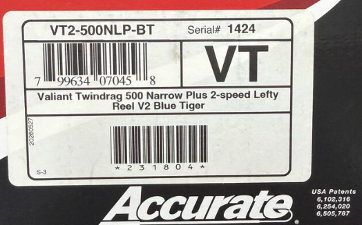 Accurate VT2-500NLP-BT Valiant 2 500 Narrow Plus 2-Speed Conventional Reel Blue Tiger Left SPJ Handle