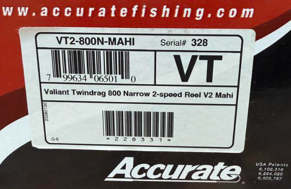 Accurate VT2-800N-MAHI Valiant 2 800 Narrow 2-Speed Reel Mahi Right Hand