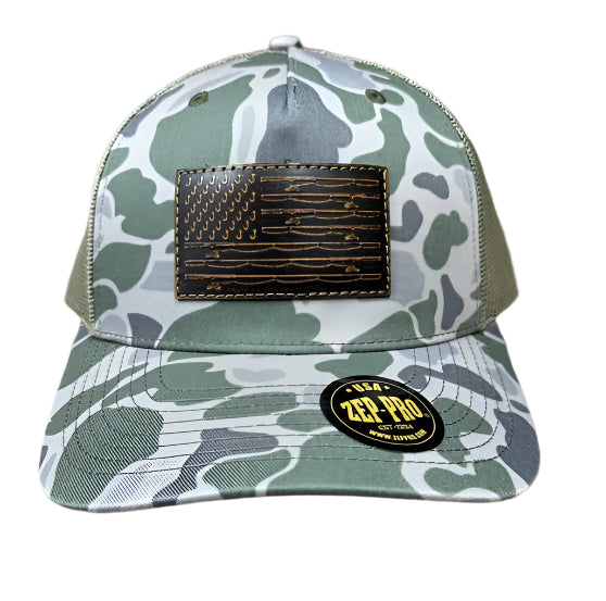 Zep-Pro Hat Old School Green Camo Rectangle Brown Rods Flag Snapback
