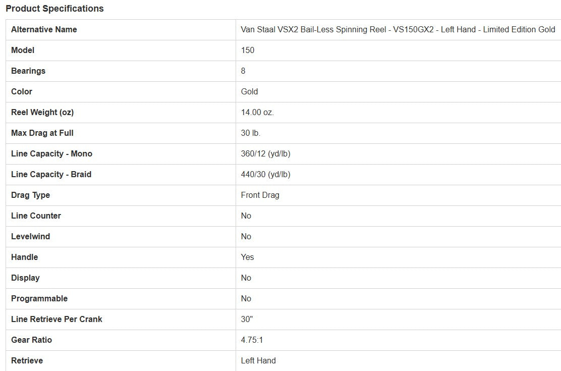 Van Staal VS150GX2 Limited Edition Gold Series Bailess Spinning Reel