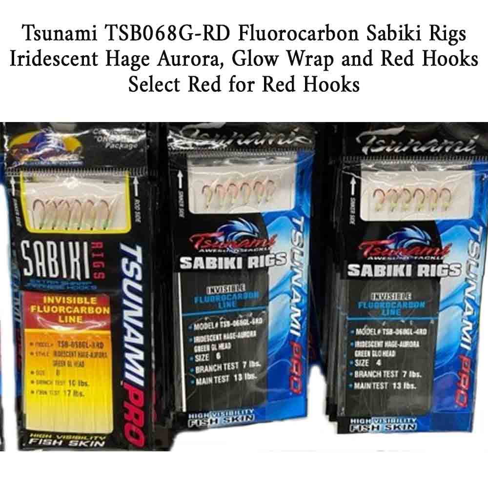 Tsunami TSB068GL Fluorocarbon Glow Iridescent Hage Aurora Sabiki Rig Red Hooks