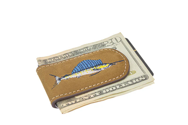Zep-Pro Embroidered Full Grain Leather Brown Money Clip Sailfish