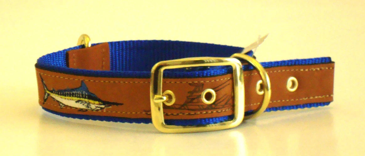 Zep-Pro Brown Leather Marlin Dog Collar Nylon Royal Blue Backing.