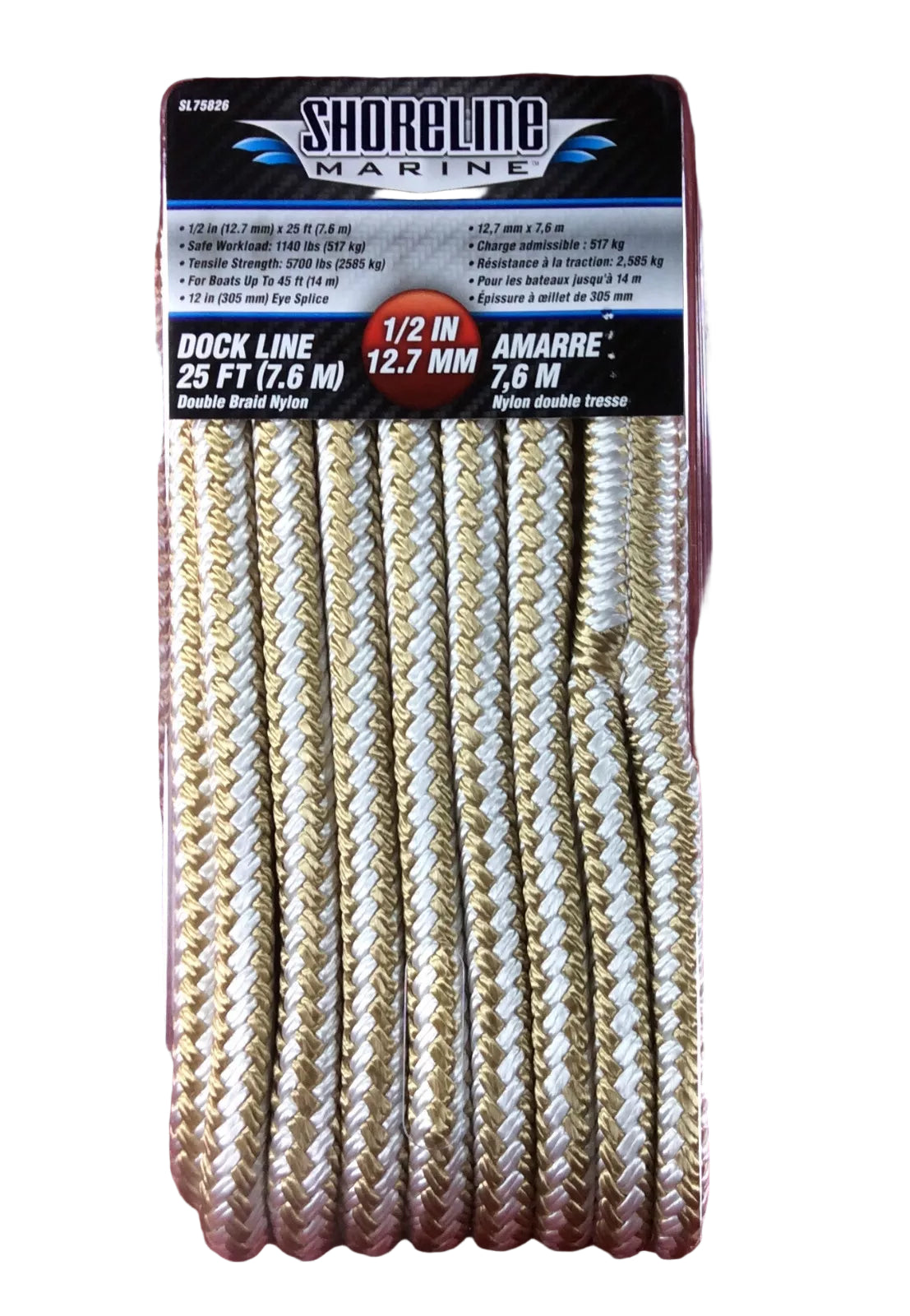 ShoreLine Marine 1/2" x 25' Double Braid Dock Line Gold/White Nylon.