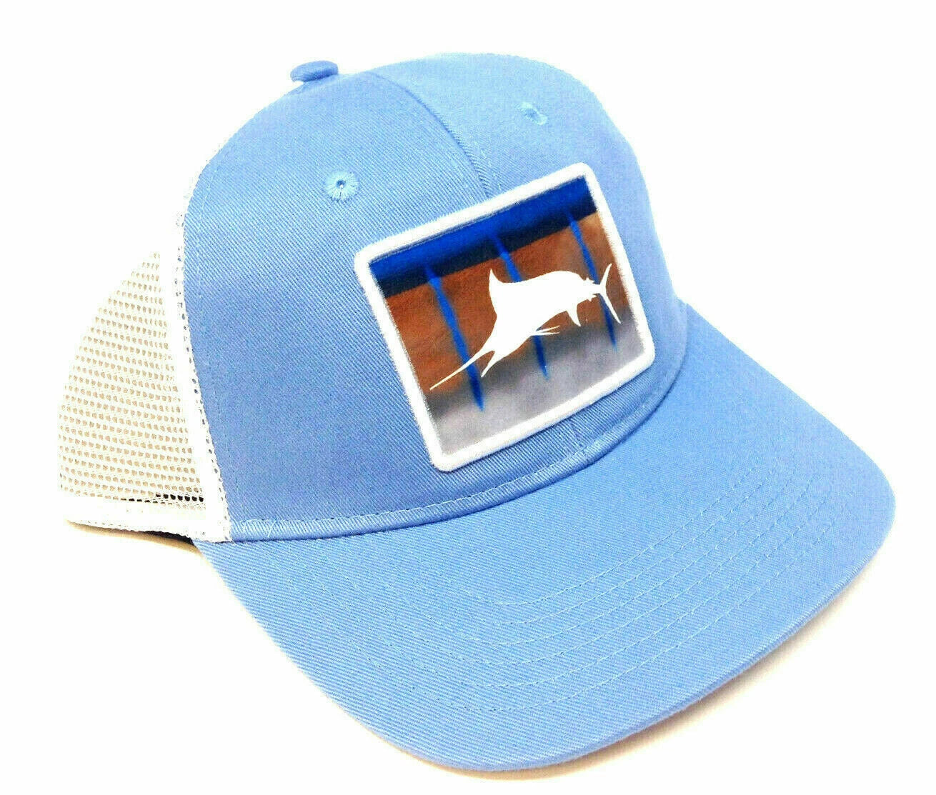 Blue/white With Marlin Patch 6 Panel Structured Mesh Back Fishing Cap With Plastic Snap 885792736609