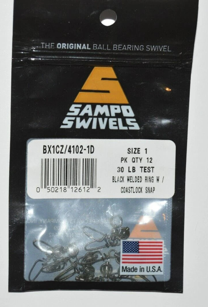 sampo swivels ball bearing welded ring w/ coastlock snap size 1 30lb black