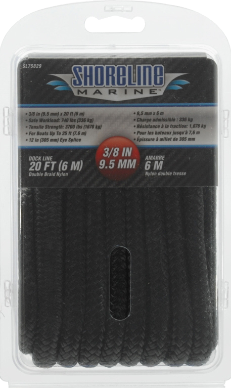 Shoreline Marine Double Braided Nylon Dock Line 3/8"x 20' - Black.