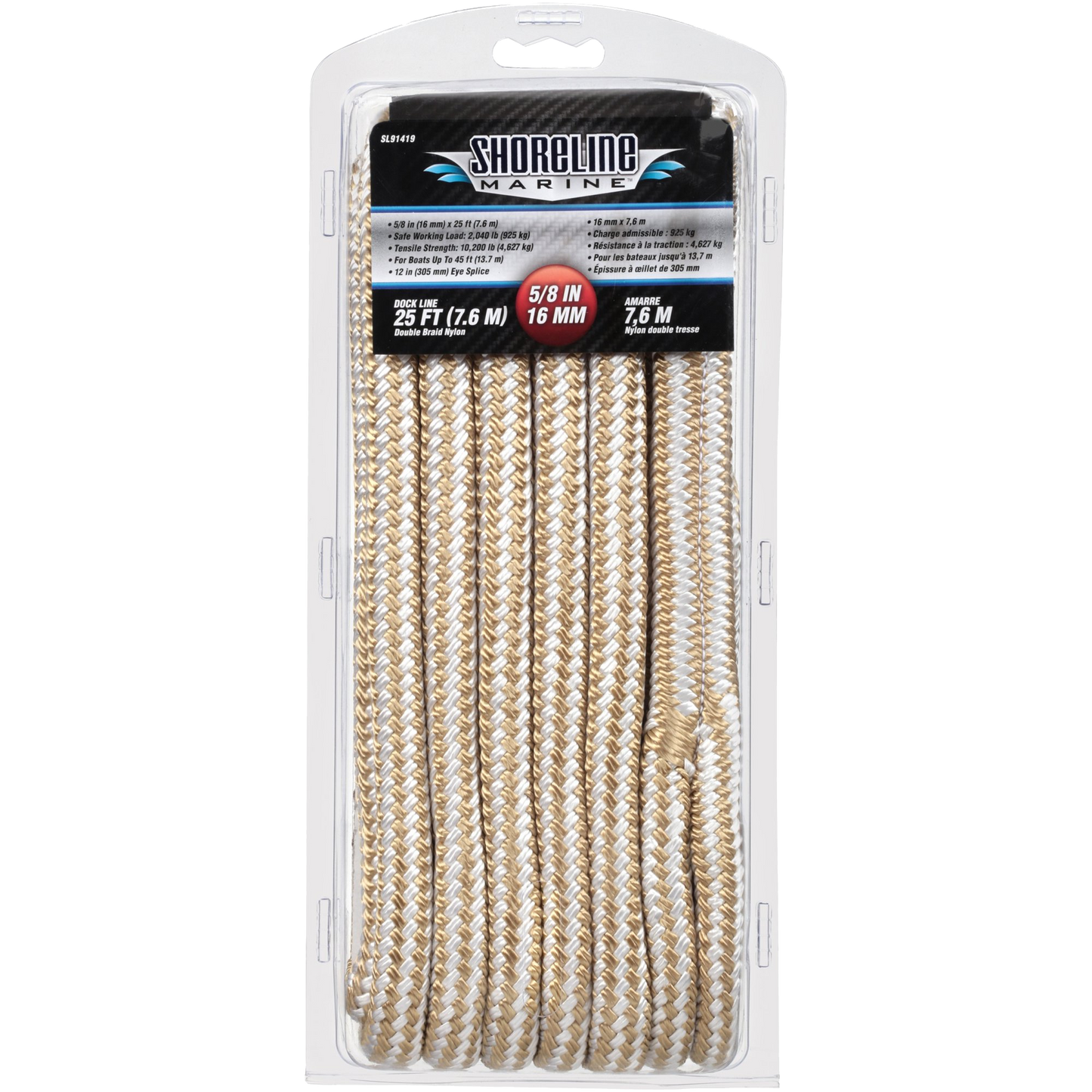 Shoreline Marine Double Braid Nylon (Gold & White) Dock Line 5/8'' x 25'.