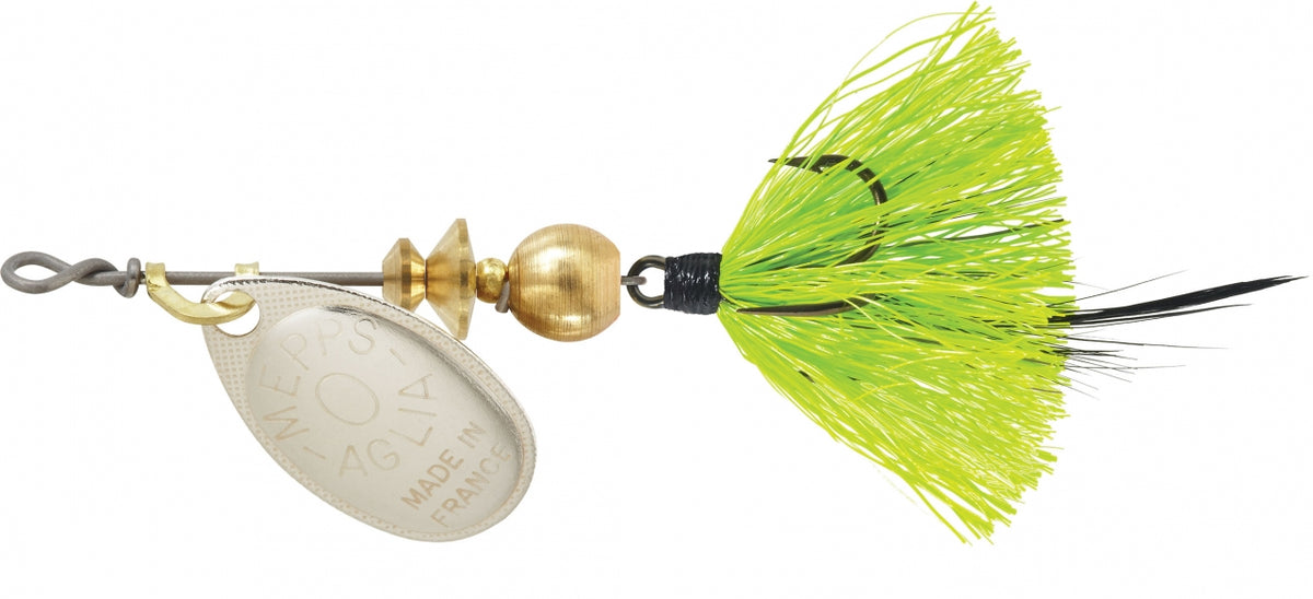 Mepps Dressed Aglia Inline Spinner Silver Blade Chartreuse Tail #0 (1/12 OZ)