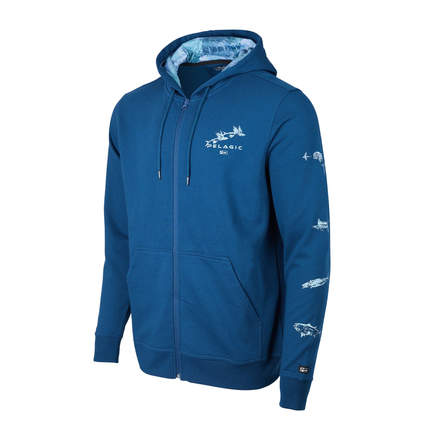 Pelagic Northlake Gyotaku Zip Up Fleece Hooded Sweatshirt - Medium - Navy.