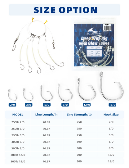 BLUEWING Deep Drop Rig Glow Tubes and Stainless Steel Hooks 300lbs 12/0