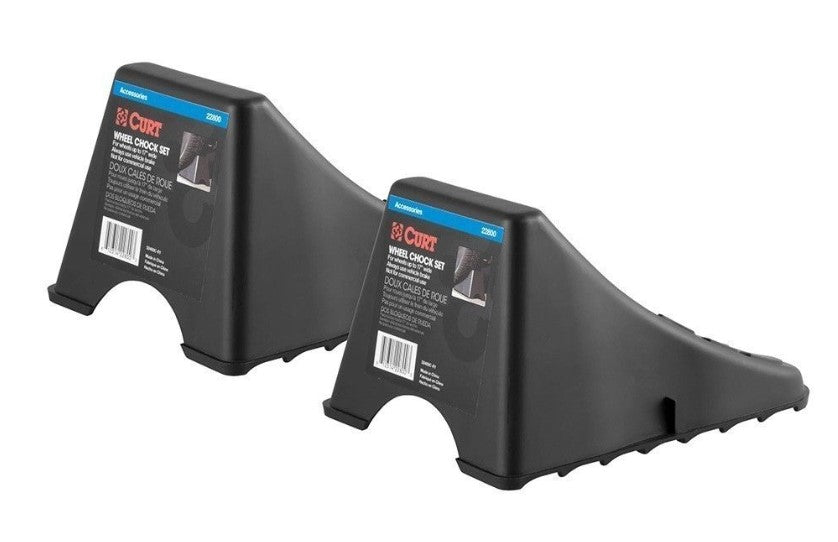Curt Trailer Tire Wheel Chock Set - Up to 17” Wide Wheels.