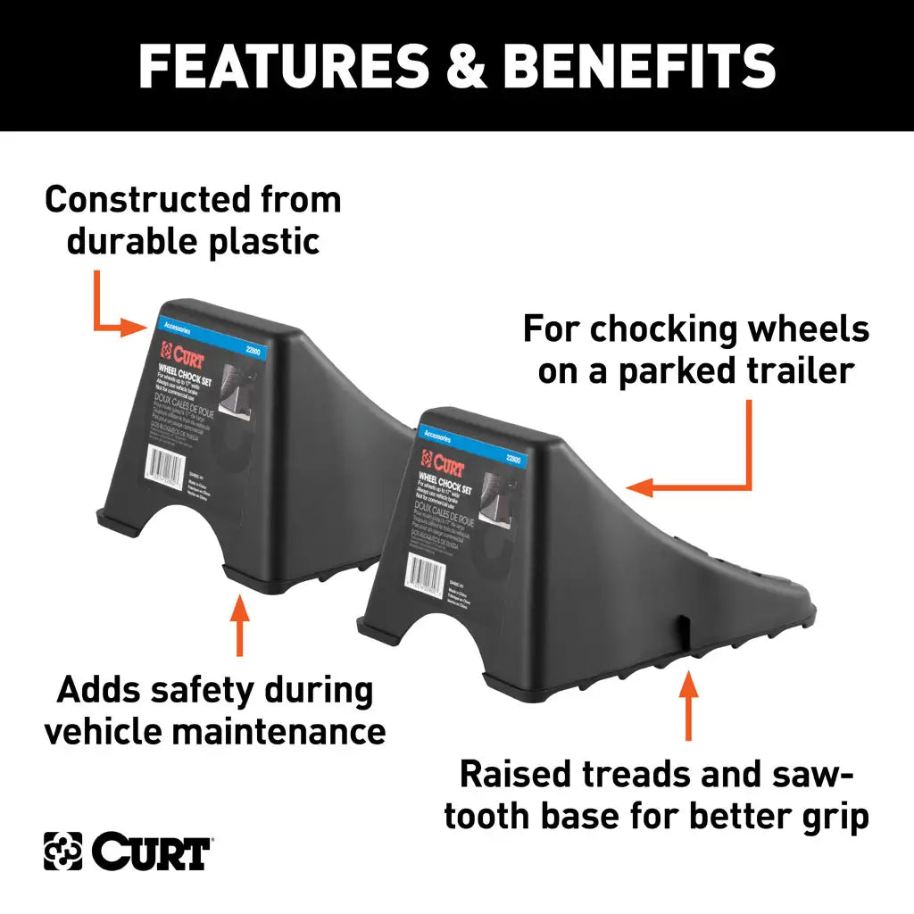 Curt Trailer Tire Wheel Chock Set - Up to 17” Wide Wheels.