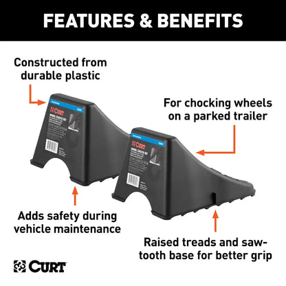 Curt Trailer Tire Wheel Chock Set - Up to 17” Wide Wheels.