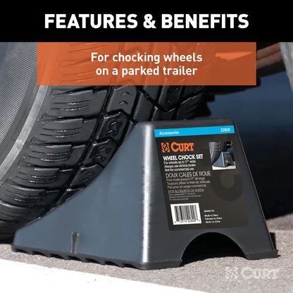 Curt Trailer Tire Wheel Chock Set - Up to 17” Wide Wheels.
