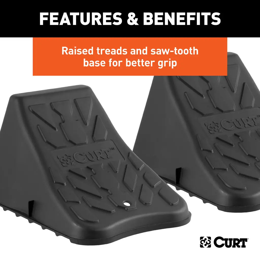 Curt Trailer Tire Wheel Chock Set - Up to 17” Wide Wheels.