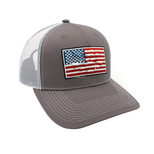 Calcutta US Flag Hat Grey with White Mesh Adjustable back embroidered Color flag with raised skull