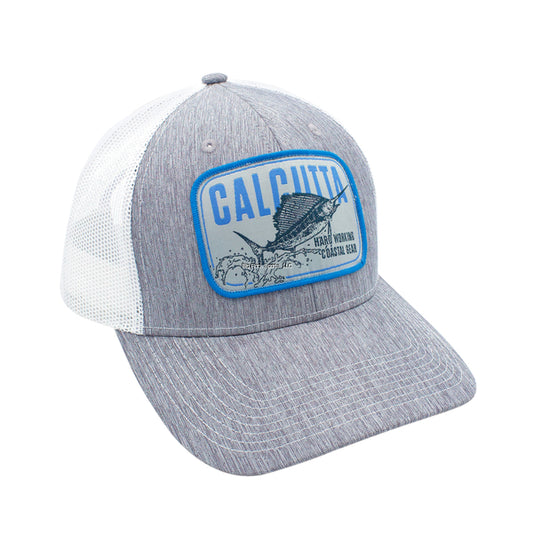 Calcutta Sailfish Patch Hat Heathered Gray Crown and Brim White Mesh Adjustable Hat.