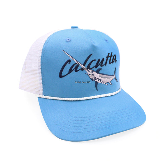 Calcutta Embroidered Swordfish hat light blue crown and brim white mesh adjustable back