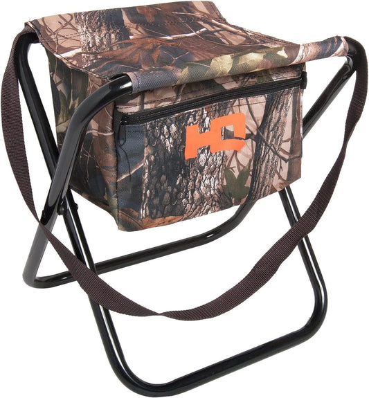 HQ Outfitters Folding Camo Stool with Heavy Duty Nylon Fabric Storage Pocket - 19mm Frame.