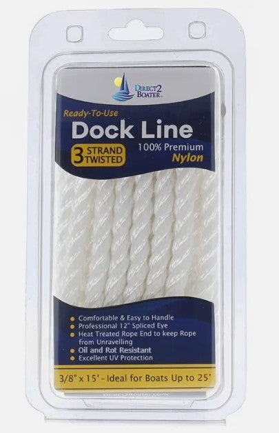 AAMSTRAND 3/8" x 15' Twisted Dock Line White 3-Strand.