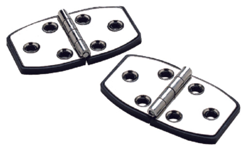 SeaChoice (2) 2-7/8" x 1-1/2" Polished Stainless Steel Utility Hinges with Black Nylon Base Plate.